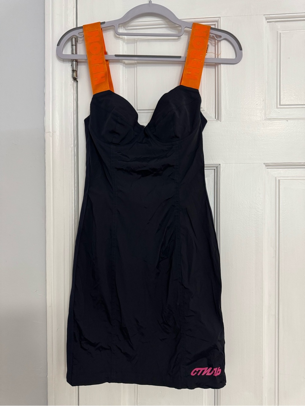 Heron Preston Black Mini Dress w/ Orange Logo Straps Handle With Care XS